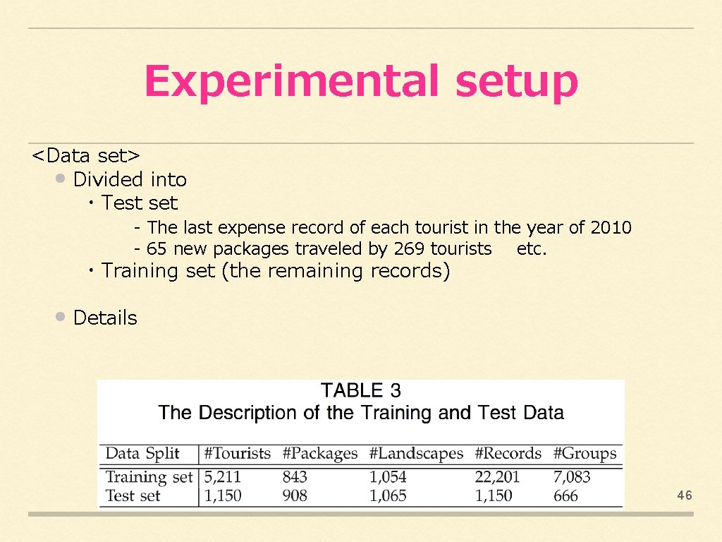 Experimental setup <Data set> • Divided into ・Test set - The last expense record