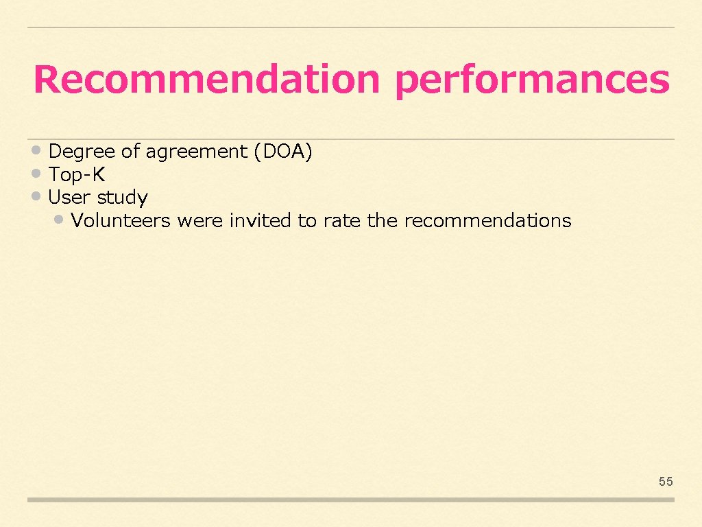 Recommendation performances • Degree of agreement (DOA) • Top-K • User study • Volunteers