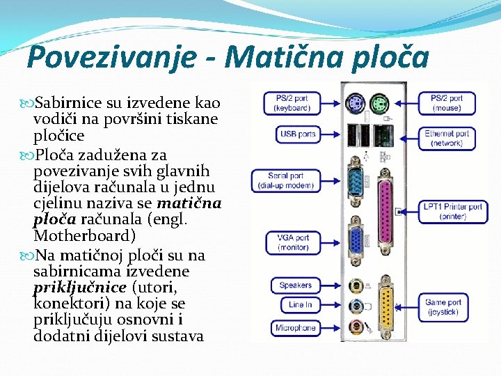 Povezivanje - Matična ploča Sabirnice su izvedene kao vodiči na površini tiskane pločice Ploča