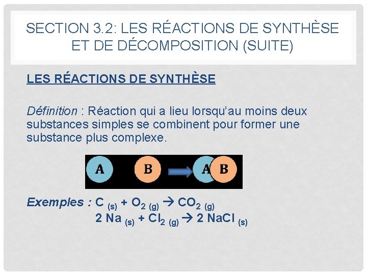 SECTION 3. 2: LES RÉACTIONS DE SYNTHÈSE ET DE DÉCOMPOSITION (SUITE) LES RÉACTIONS DE