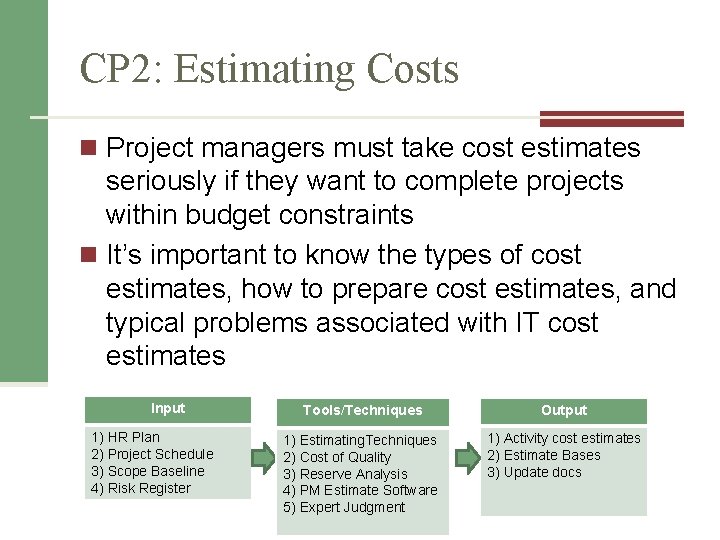 CP 2: Estimating Costs n Project managers must take cost estimates seriously if they