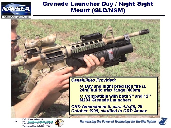 Grenade Launcher Day / Night Sight Mount (GLD/NSM) Capabilities Provided: Day and night precision