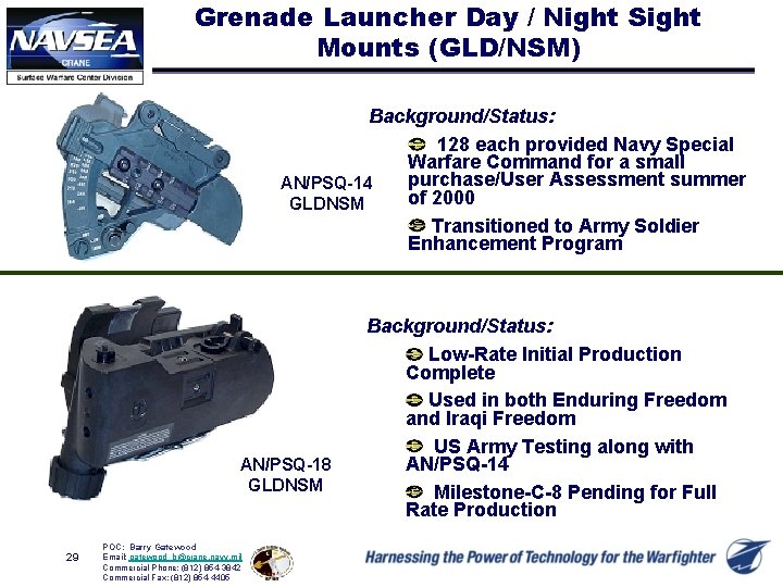 Grenade Launcher Day / Night Sight Mounts (GLD/NSM) Background/Status: 128 each provided Navy Special
