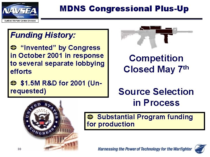 MDNS Congressional Plus-Up Funding History: “Invented” by Congress in October 2001 in response to