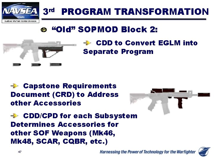 3 rd PROGRAM TRANSFORMATION “Old” SOPMOD Block 2: CDD to Convert EGLM into Separate
