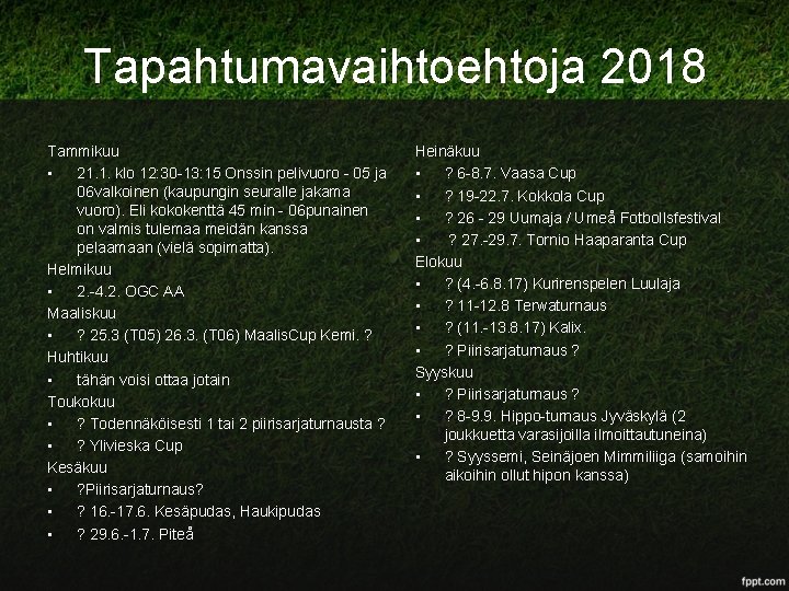 Tapahtumavaihtoehtoja 2018 Tammikuu • 21. 1. klo 12: 30 -13: 15 Onssin pelivuoro -