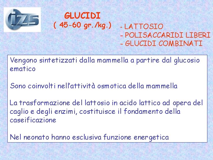 GLUCIDI ( 45 -60 gr. /kg. ) - LATTOSIO - POLISACCARIDI LIBERI - GLUCIDI