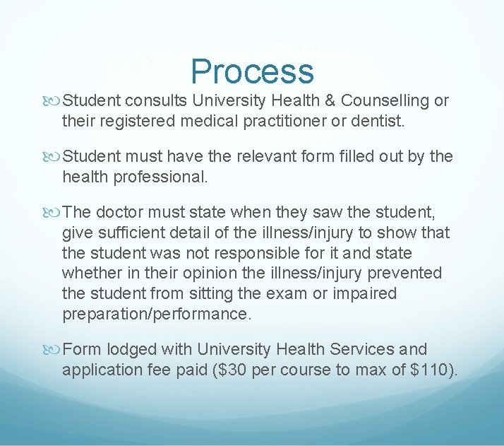 Process Student consults University Health & Counselling or their registered medical practitioner or dentist.