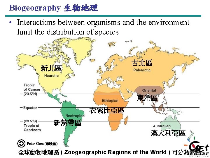 Biogeography 生物地理 • Interactions between organisms and the environment limit the distribution of species