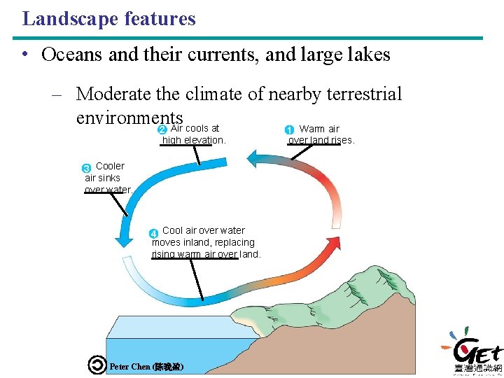 Landscape features • Oceans and their currents, and large lakes – Moderate the climate