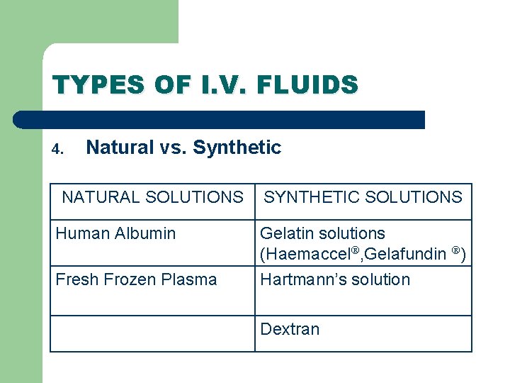 TYPES OF I. V. FLUIDS 4. Natural vs. Synthetic NATURAL SOLUTIONS SYNTHETIC SOLUTIONS Human TYPES OF I. V. FLUIDS 4. Natural vs. Synthetic NATURAL SOLUTIONS SYNTHETIC SOLUTIONS Human