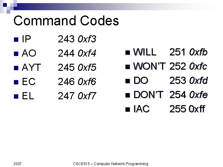 Command Codes IP n AO n AYT n EC n EL n 2007 243