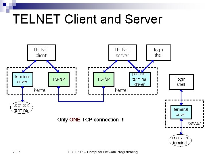 TELNET Client and Server TELNET client terminal driver TELNET server TCP/IP kernel login shell