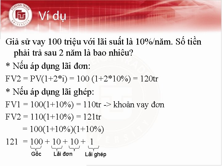 Ví dụ Giả sử vay 100 triệu với lãi suất là 10%/năm. Số tiền