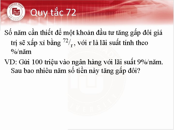 Quy tắc 72 Số năm cần thiết để một khoản đầu tư tăng gấp