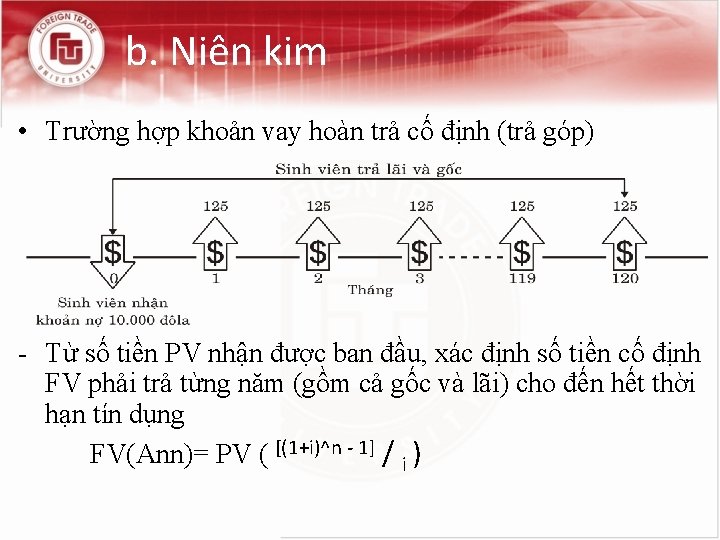 b. Niên kim • Trường hợp khoản vay hoàn trả cố định (trả góp)