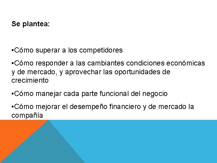 Se plantea: • Cómo superar a los competidores • Cómo responder a las cambiantes Se plantea: • Cómo superar a los competidores • Cómo responder a las cambiantes