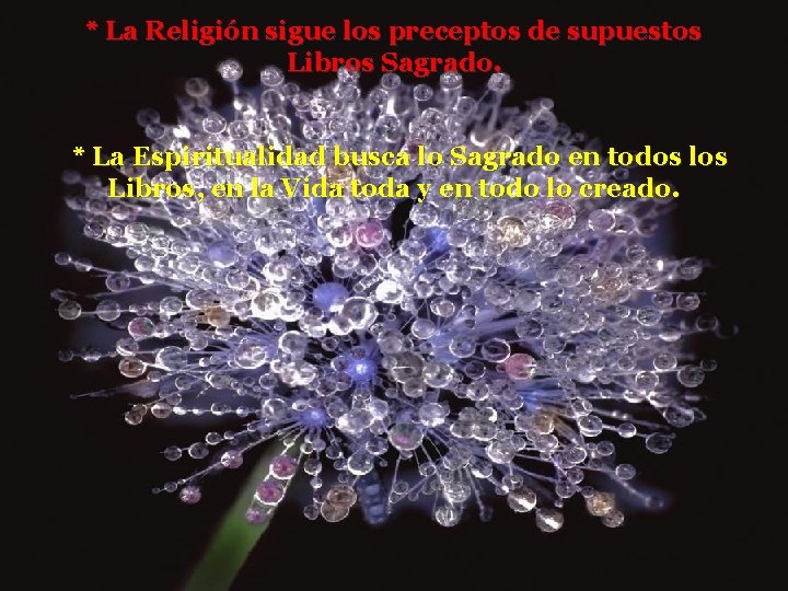 * La Religión sigue los preceptos de supuestos Libros Sagrado. * La Espiritualidad busca