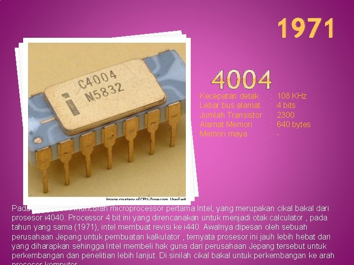 1971 Kecepatan detak Lebar bus alamat Jumlah Transistor Alamat Memori maya : 108 KHz