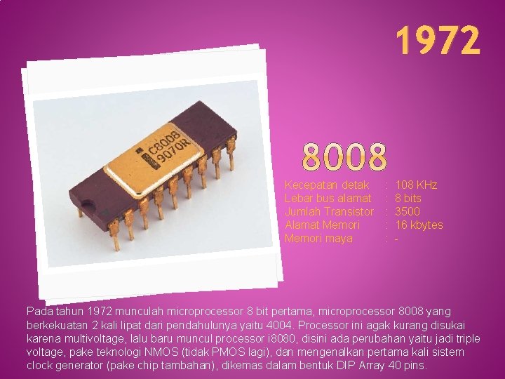 1972 Kecepatan detak Lebar bus alamat Jumlah Transistor Alamat Memori maya : 108 KHz