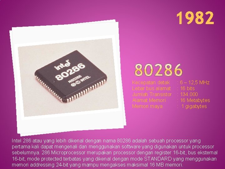 1982 Kecepatan detak Lebar bus alamat Jumlah Transistor Alamat Memori maya : 6 –