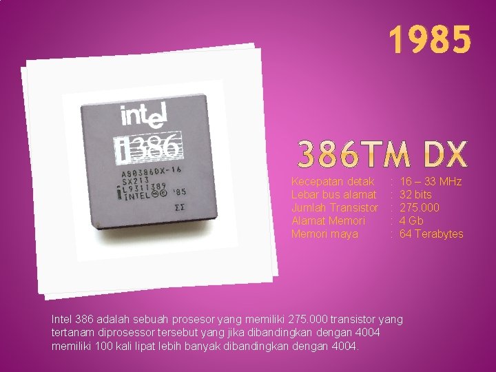 1985 Kecepatan detak Lebar bus alamat Jumlah Transistor Alamat Memori maya : 16 –