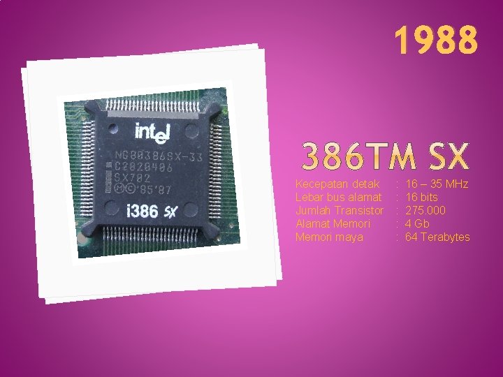 1988 Kecepatan detak Lebar bus alamat Jumlah Transistor Alamat Memori maya : 16 –