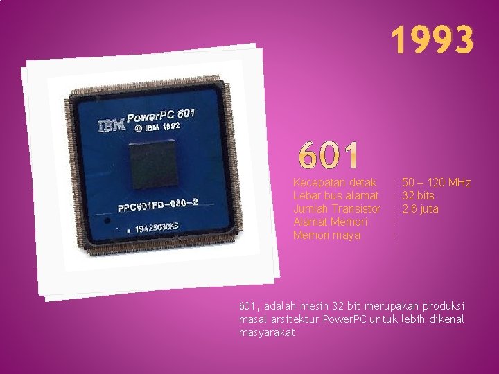 1993 Kecepatan detak Lebar bus alamat Jumlah Transistor Alamat Memori maya : 50 –