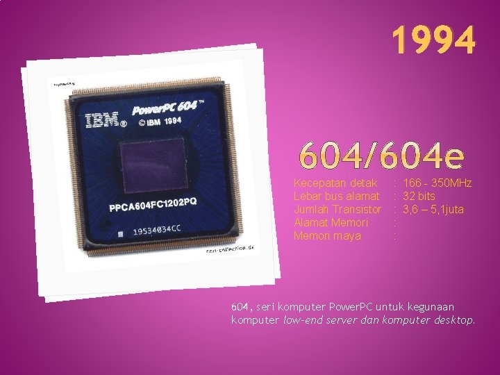 1994 Kecepatan detak Lebar bus alamat Jumlah Transistor Alamat Memori maya : 166 -