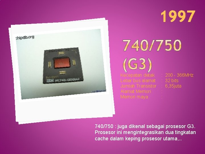 1997 Kecepatan detak Lebar bus alamat Jumlah Transistor Alamat Memori maya : 200 -