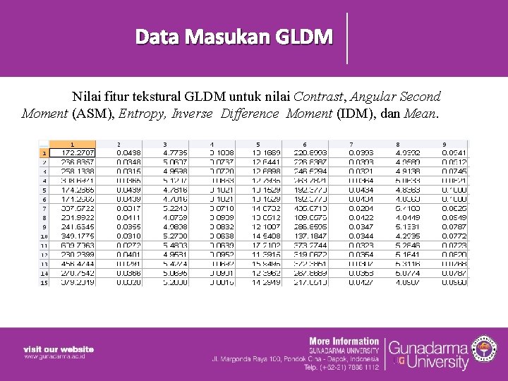 Data Masukan GLDM Nilai fitur tekstural GLDM untuk nilai Contrast, Angular Second Moment (ASM),