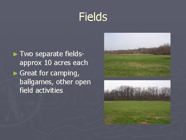 Fields ► Two separate fieldsapprox 10 acres each ► Great for camping, ballgames, other