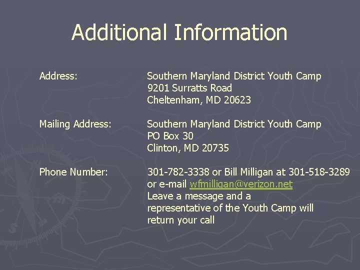 Additional Information Address: Southern Maryland District Youth Camp 9201 Surratts Road Cheltenham, MD 20623