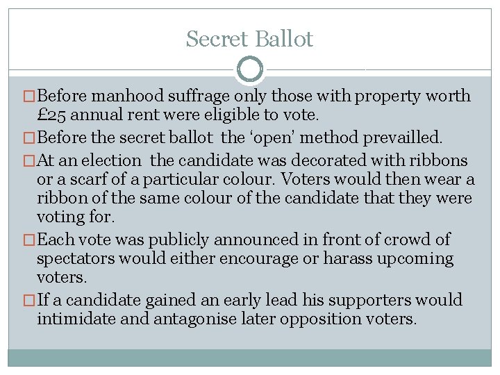 Secret Ballot �Before manhood suffrage only those with property worth £ 25 annual rent