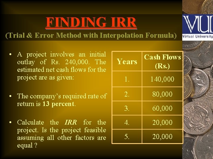 FINDING IRR (Trial & Error Method with Interpolation Formula) • A project involves an