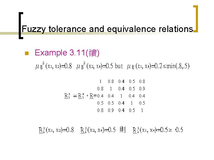 Fuzzy tolerance and equivalence relations n Example 3. 11(續) 