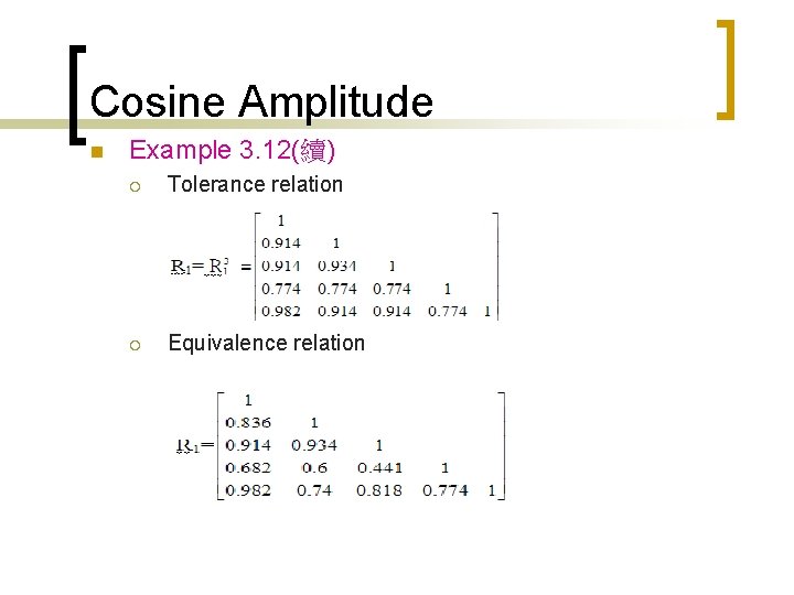 Cosine Amplitude n Example 3. 12(續) ¡ Tolerance relation ¡ Equivalence relation 