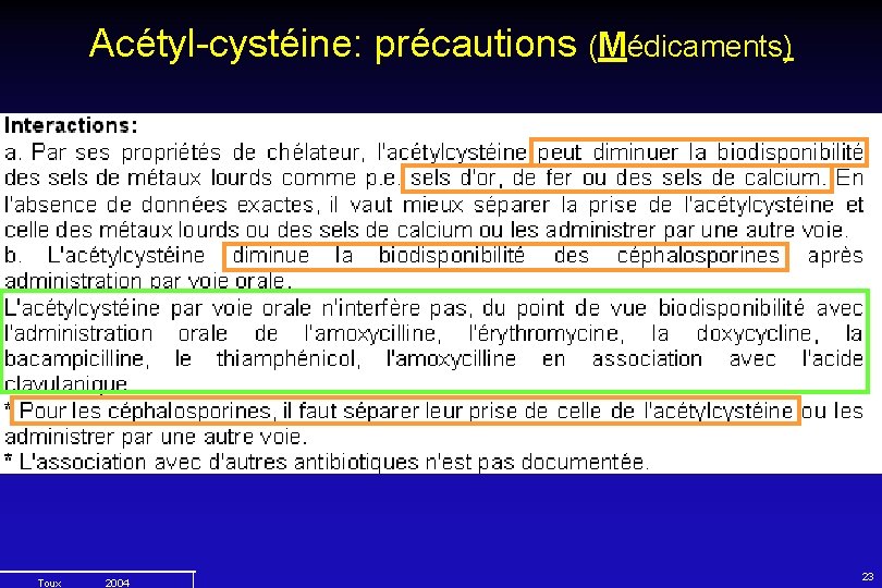 Acétyl-cystéine: précautions (Médicaments) Toux 2004 23 