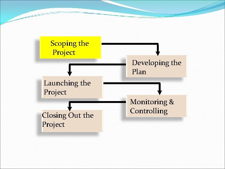 Scoping the Project Developing the Plan Launching the Project Closing Out the Project Monitoring