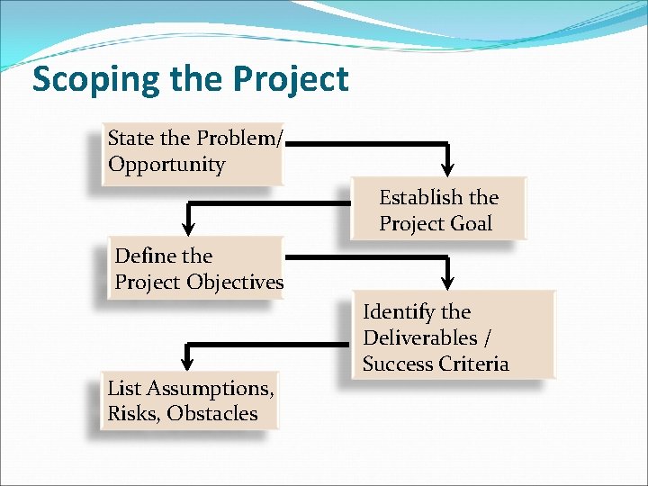 Scoping the Project State the Problem/ Opportunity Establish the Project Goal Define the Project