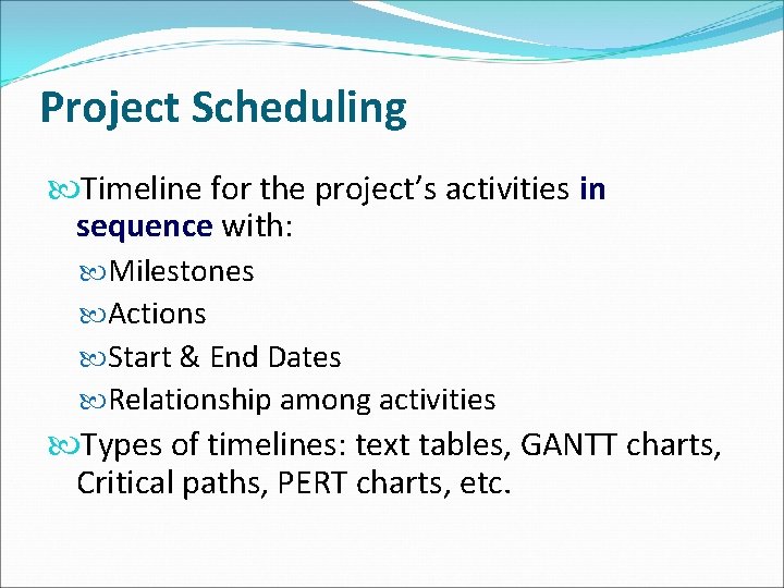 Project Scheduling Timeline for the project’s activities in sequence with: Milestones Actions Start &