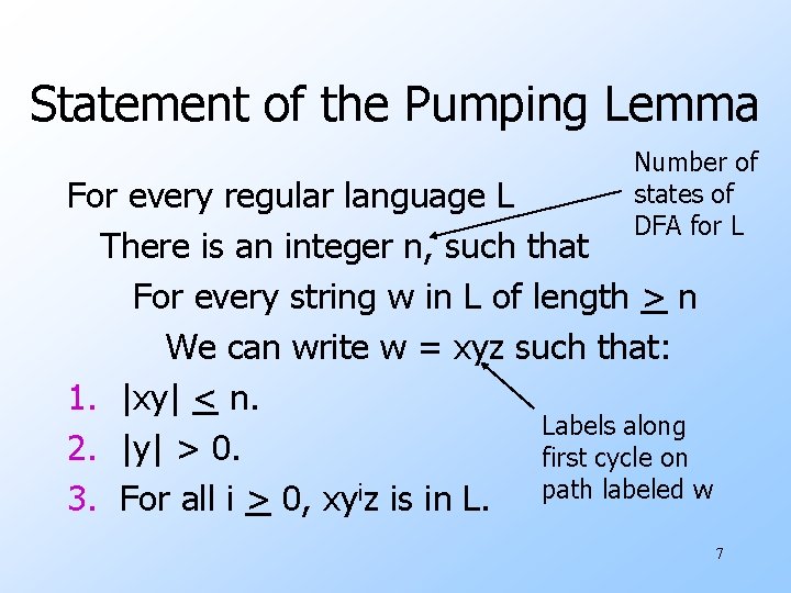 Statement of the Pumping Lemma Number of states of DFA for L For every