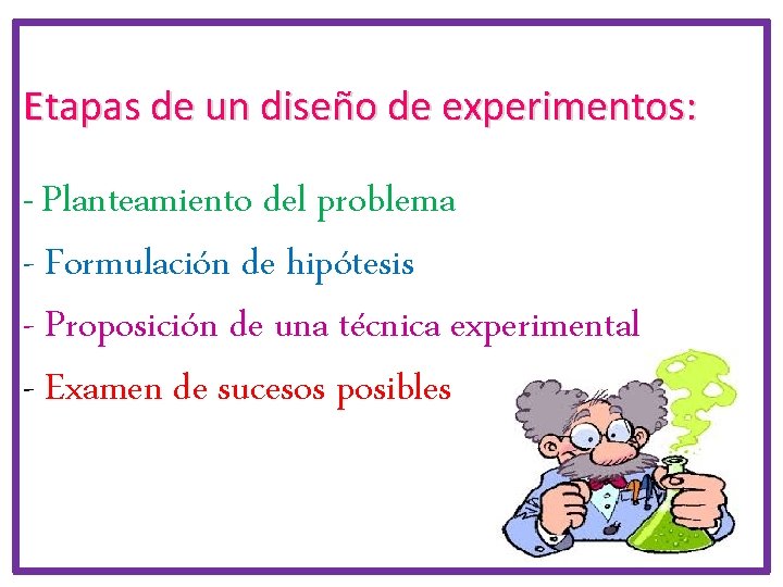 Etapas de un diseño de experimentos: - Planteamiento del problema - Formulación de hipótesis Etapas de un diseño de experimentos: - Planteamiento del problema - Formulación de hipótesis