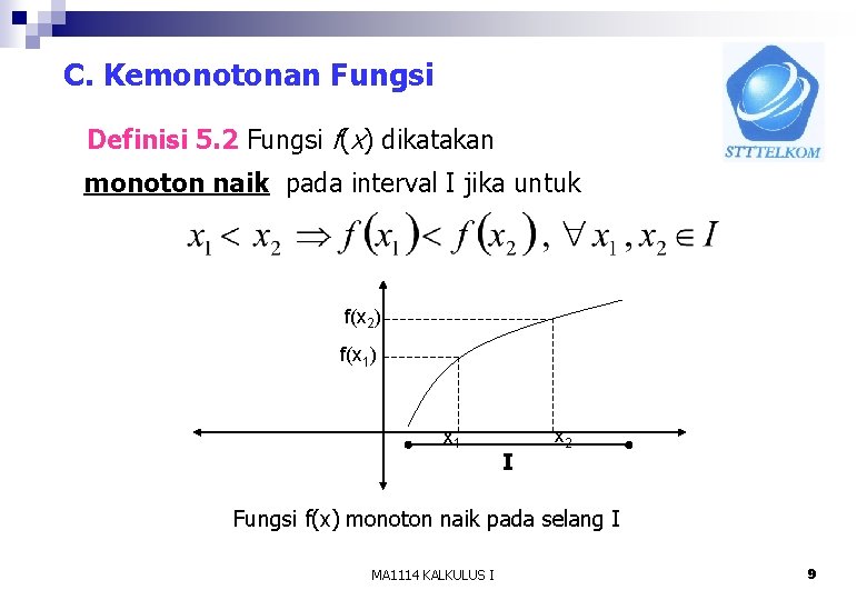 C. Kemonotonan Fungsi Definisi 5. 2 Fungsi f(x) dikatakan monoton naik pada interval I