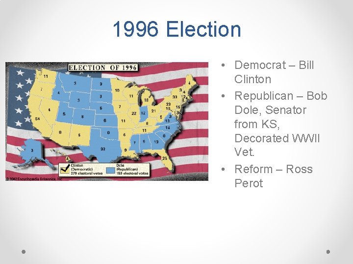 1996 Election • Democrat – Bill Clinton • Republican – Bob Dole, Senator from