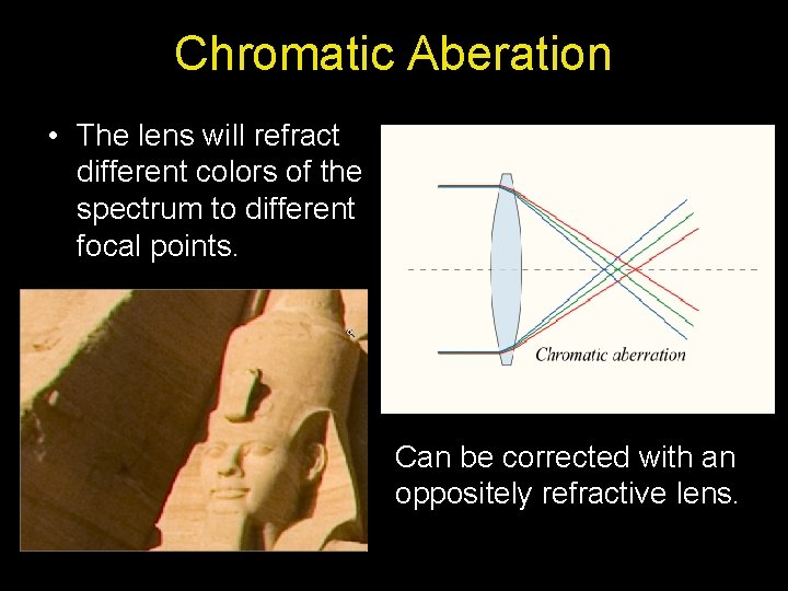 Chromatic Aberation • The lens will refract different colors of the spectrum to different