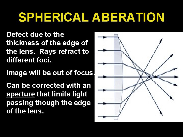 SPHERICAL ABERATION Defect due to the thickness of the edge of the lens. Rays