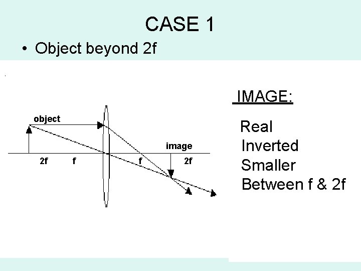 CASE 1 • Object beyond 2 f IMAGE: object image 2 f f f