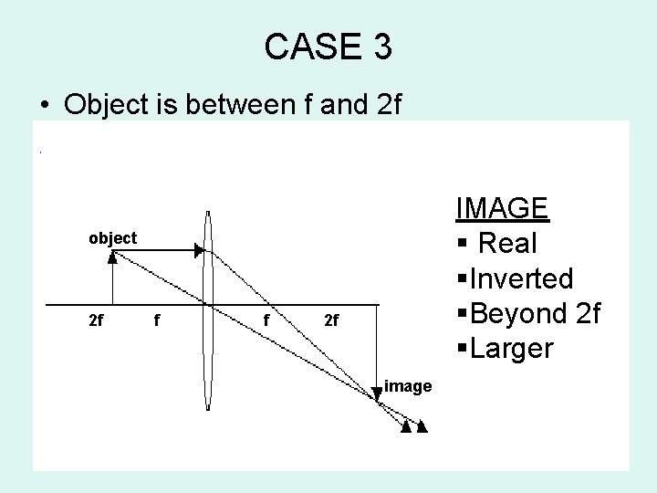 CASE 3 • Object is between f and 2 f IMAGE § Real §Inverted