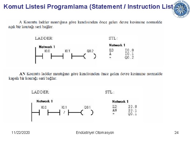 Komut Listesi Programlama (Statement / Instruction List 11/22/2020 Endüstriyel Otomasyon 24 